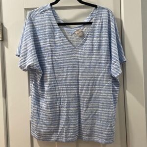 Chico's size 2 large 100% linen white and blue v neck shirt sleeve shirt EUC